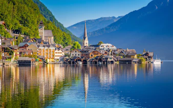 Hallstatt village by the lake with church and mountains near Vienna.