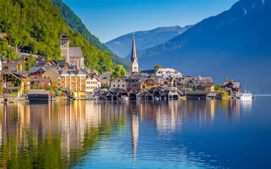 Hallstatt village by the lake with church and mountains near Vienna.