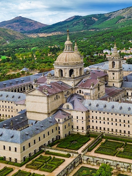 El Escorial monastery complex with gardens in San Lorenzo de El Escorial, Spain.