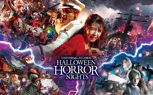 Universal Studios Japan Halloween Horror Nights with zombies and frightened visitors.