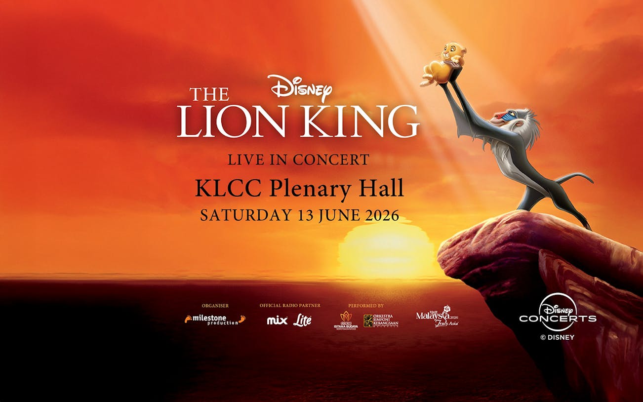 Lion King live concert at KLCC Plenary Hall, June 13, 2026, featuring iconic sunrise scene.