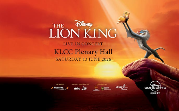 Lion King live concert at KLCC Plenary Hall, June 13, 2026, featuring iconic sunrise scene.
