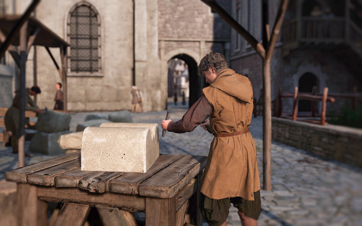 Stone mason carving block in medieval Paris street, part of Eternal Notre-Dame VR Experience.
