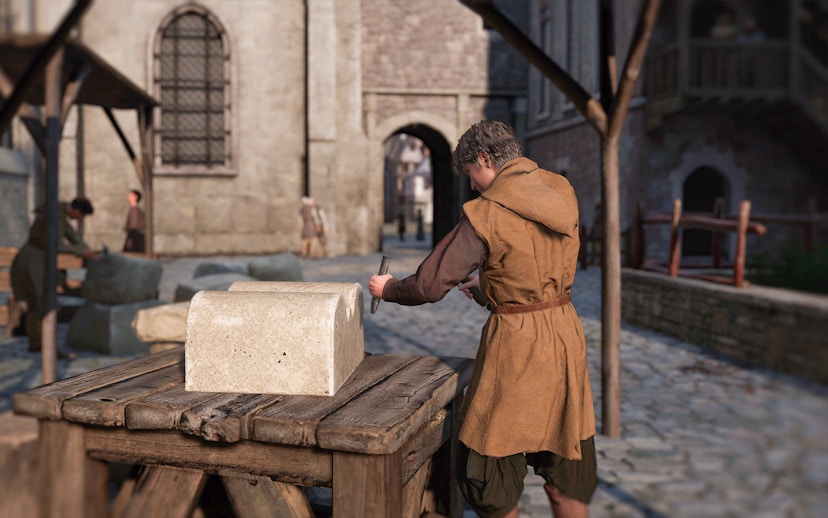 Stone mason carving block in medieval Paris street, part of Eternal Notre-Dame VR Experience.