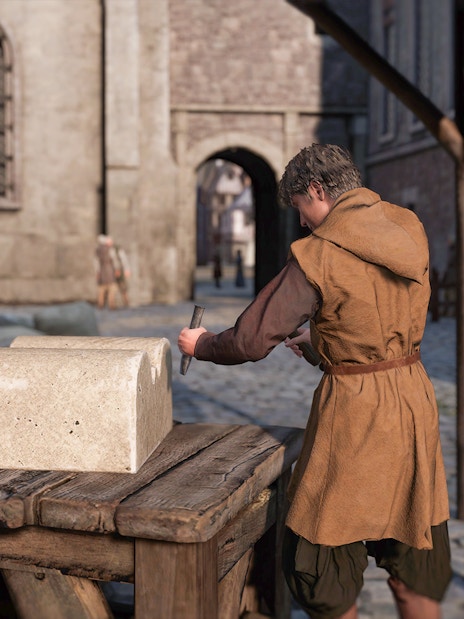 Stone mason carving block in medieval Paris street, part of Eternal Notre-Dame VR Experience.