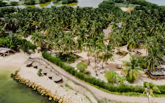 Island beach with palm trees and thatched umbrellas in the Rosario Islands near Cartagena, Colombia.