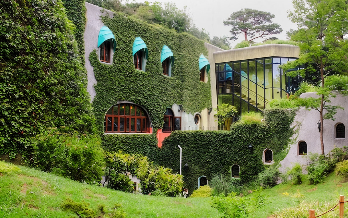 Ghibli Museum exterior facade covered in ivy with unique window designs in Mitaka, Japan.