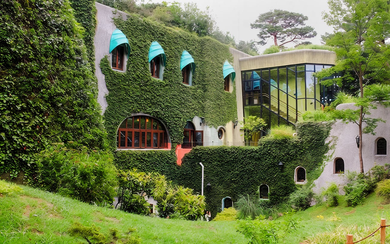 Ghibli Museum exterior facade covered in ivy with unique window designs in Mitaka, Japan.