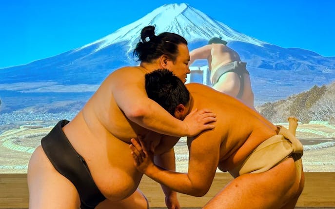 Sumo wrestlers grappling at Ginza Sumo Show with Mount Fuji backdrop.