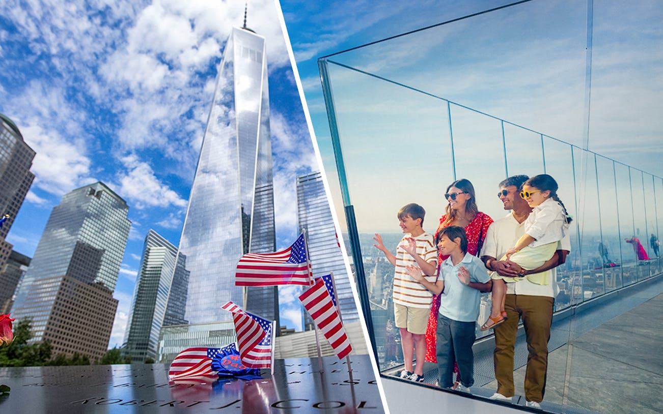 One World Trade Center and family at observation deck, New York City.