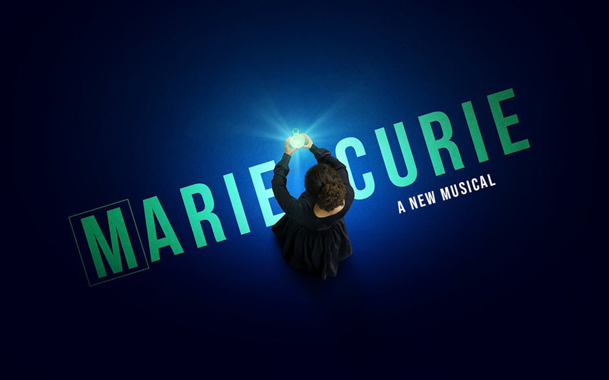 Marie Curie musical poster with woman holding glowing flask