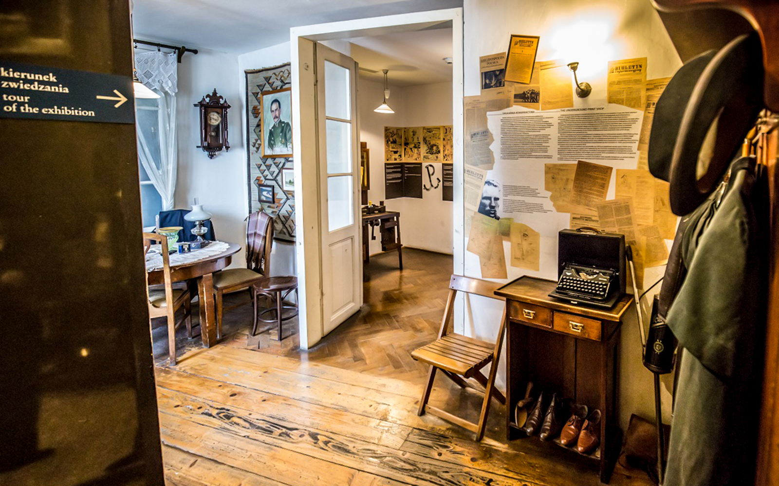 Schindler's Factory interior with typewriter and historical documents, Krakow tour.