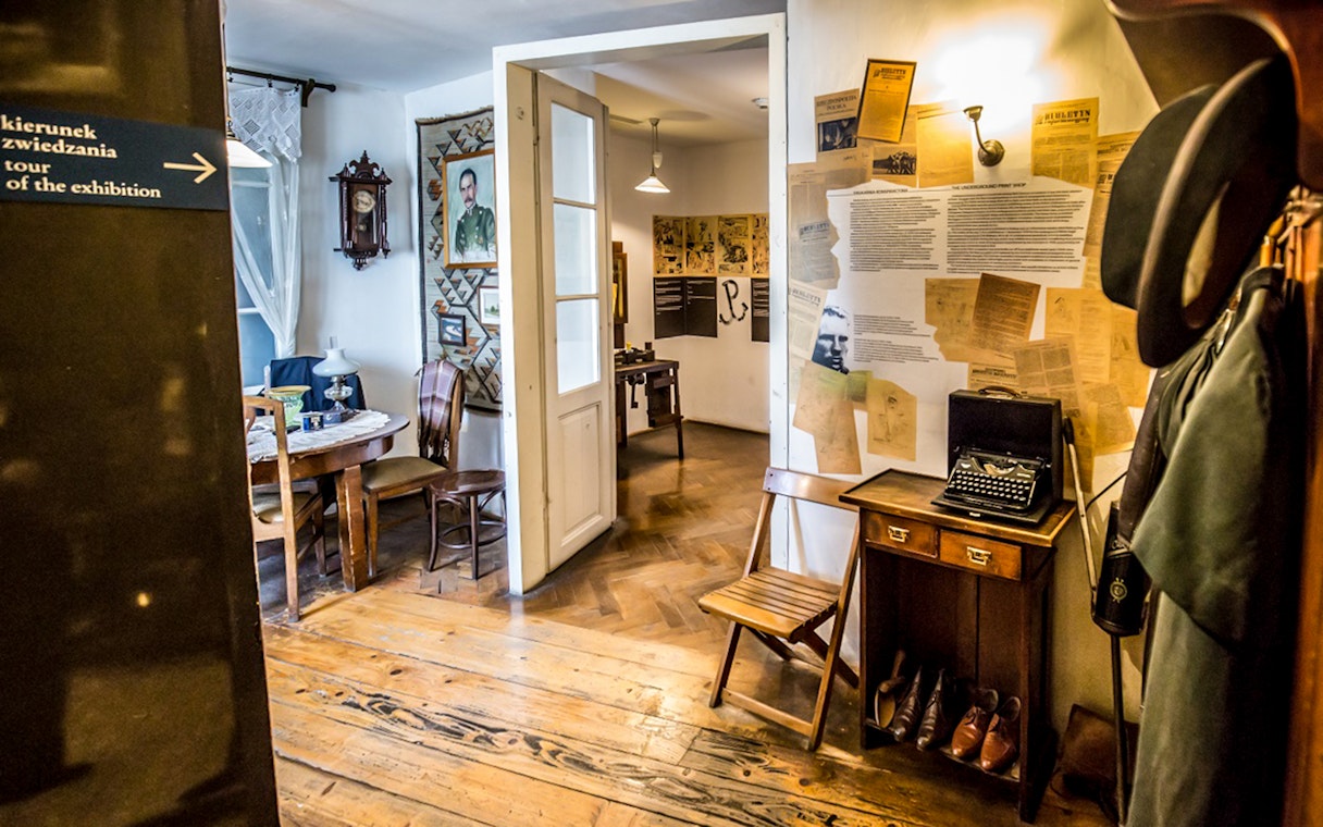 Schindler's Factory interior with typewriter and historical documents, Krakow tour.