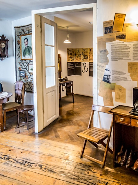 Schindler's Factory interior with typewriter and historical documents, Krakow tour.