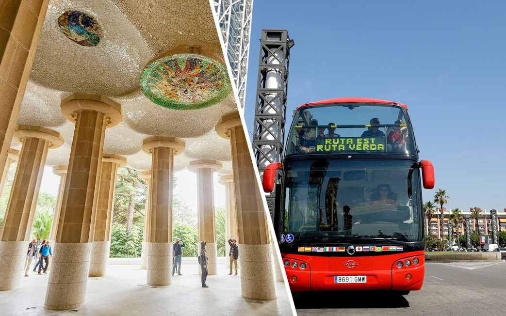 Red double-decker bus on Barcelona City Hop On Hop Off Tour near modern architecture and park.