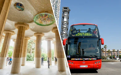 Red double-decker bus on Barcelona City Hop On Hop Off Tour near modern architecture and park.