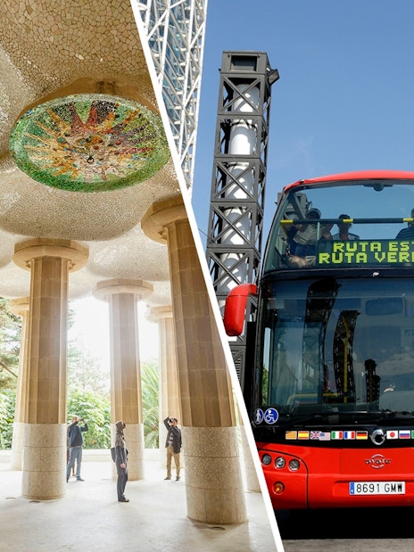 Red double-decker bus on Barcelona City Hop On Hop Off Tour near modern architecture and park.