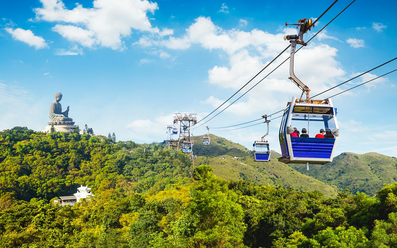 Ngong Ping Cable Car with Tian Tan Buddha on Lantau Island, Hong Kong.
