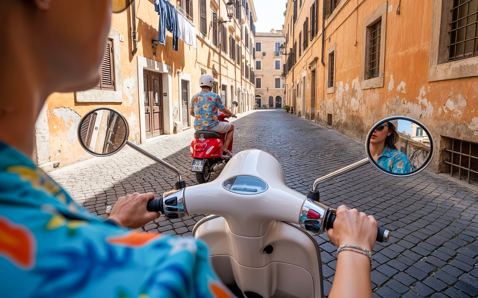 Tourists riding Vespas through cobblestone streets in Trastevere, Rome.