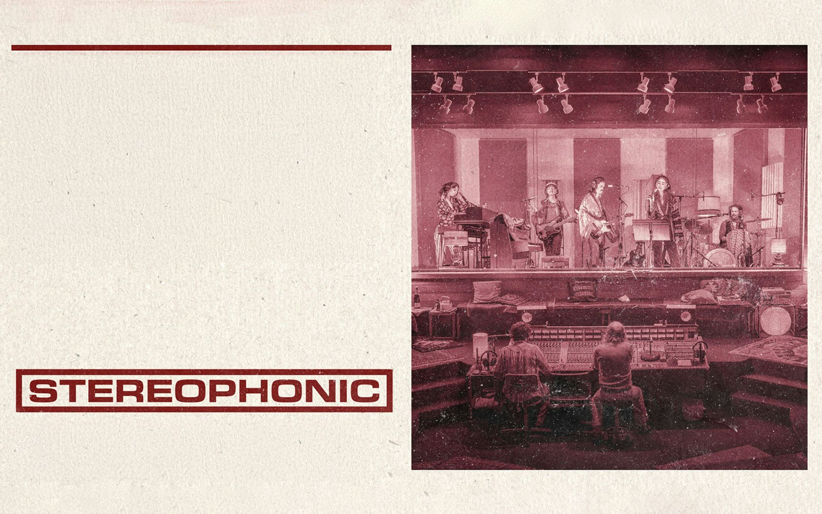 Band performing on stage with sound engineers at a mixing console, labeled "Stereophonic.