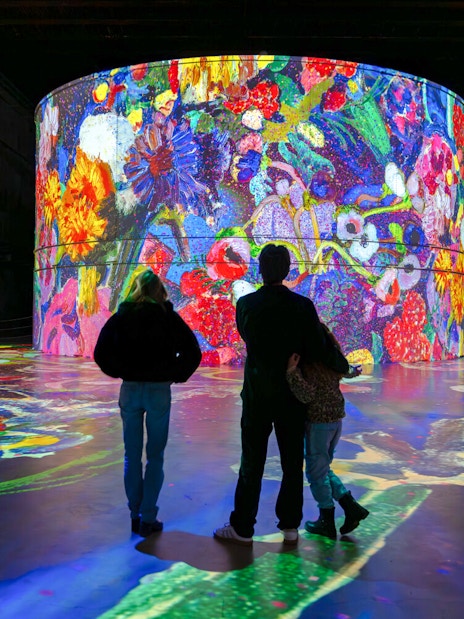 Visitors viewing vibrant Matisse artwork projections at Bassins des Lumières exhibition.