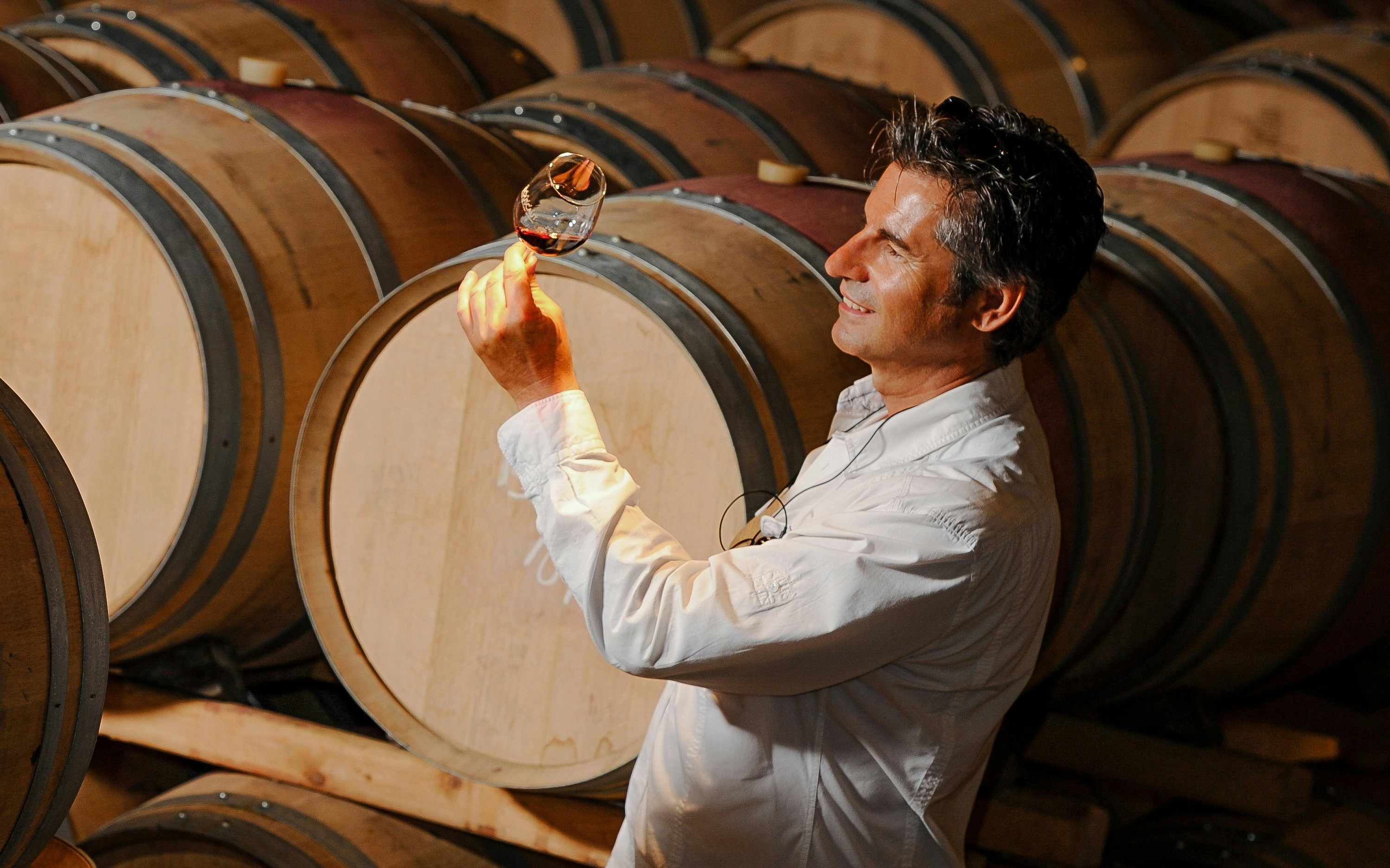 Man examining wine glass in a cellar with wooden barrels.