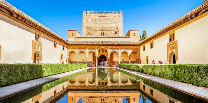 Court of the Myrtles with reflecting pool, Alhambra, Spain.