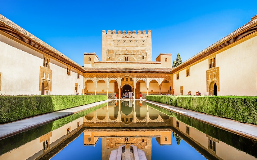 Court of the Myrtles with reflecting pool, Alhambra, Spain.