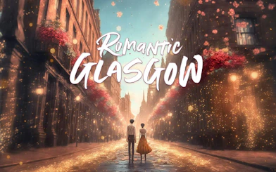 Couple walking down a flower-adorned street in Glasgow at sunset.
