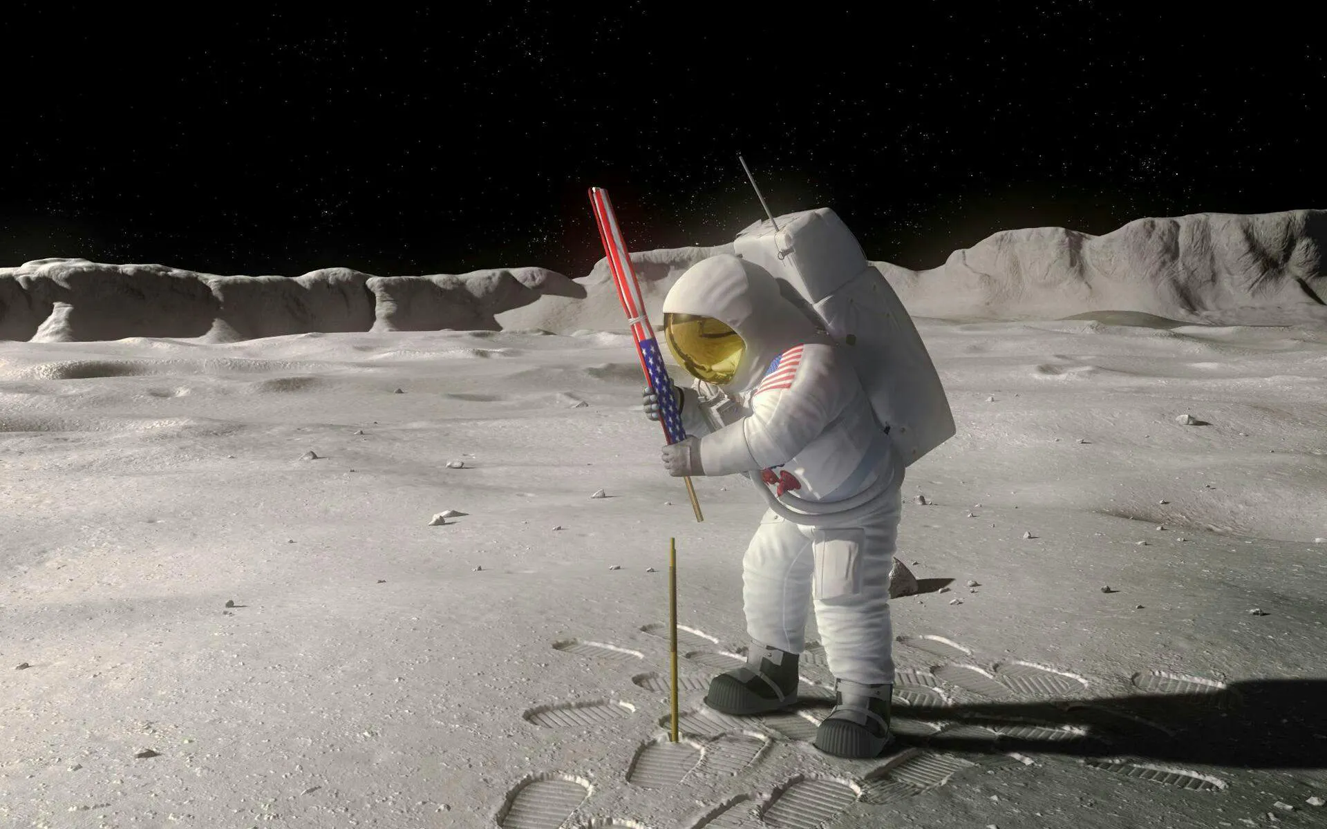 Astronaut placing flag on lunar surface exhibit at Planetarium Museum of Transport, Lucerne.