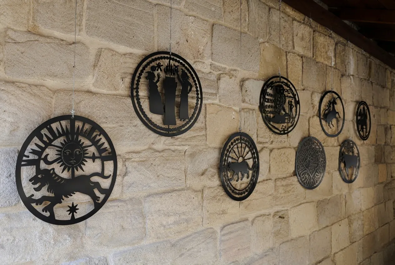 Decorative metal coins displayed on a stone wall at the Museum of Numismatics, Baku.