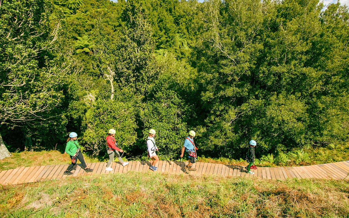 People walking on a wooden path in a forest during a Rotorua Ziplines tour.
