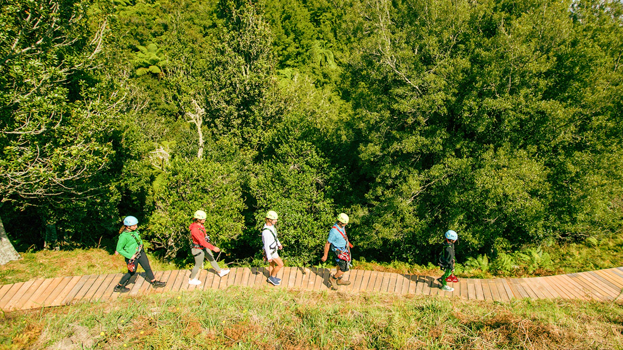 People walking on a wooden path in a forest during a Rotorua Ziplines tour.