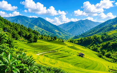 Terraced rice fields in Vietnam with mountains in the background.
