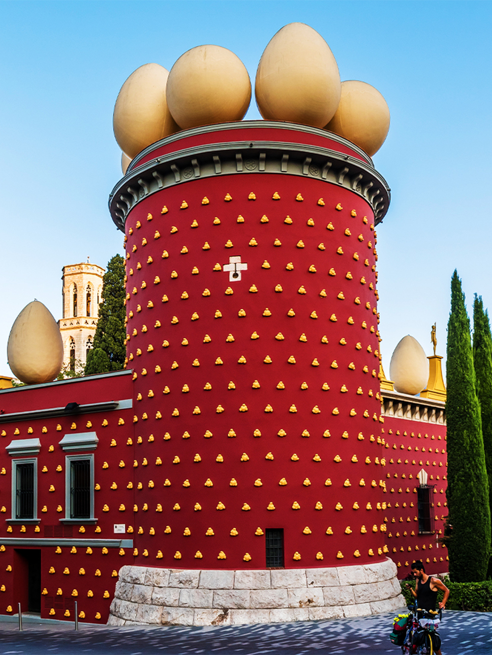 Dali Museum's red tower with egg sculptures, Figueres, Spain.