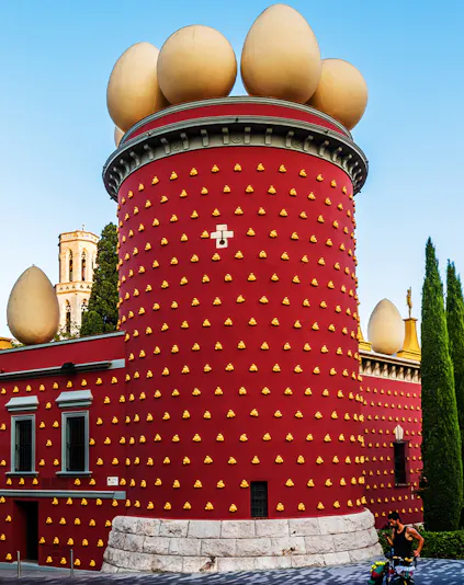 Dali Museum's red tower with egg sculptures, Figueres, Spain.