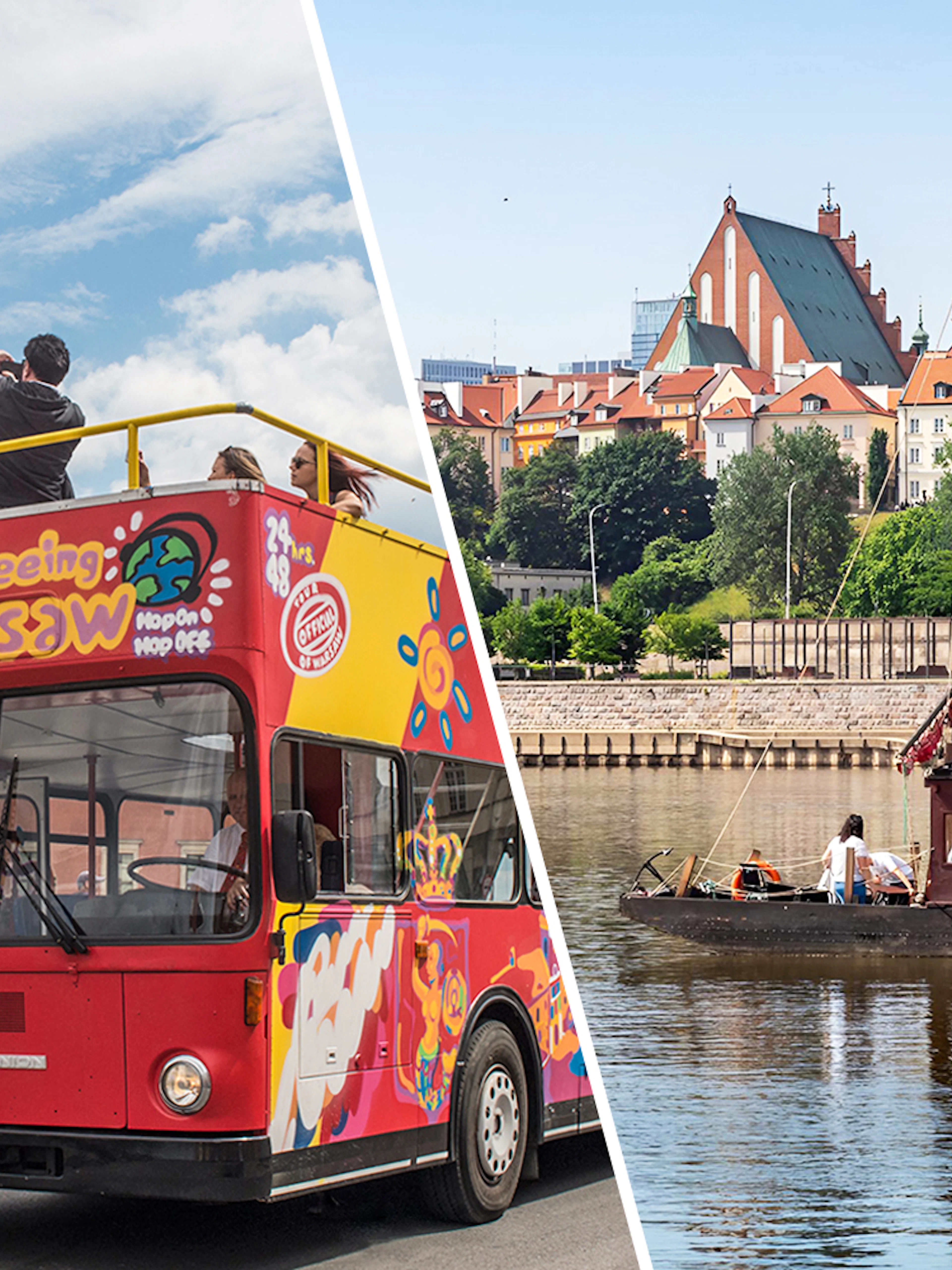 HOHO bus in Warsaw near Royal Castle and traditional Galar cruise on Vistula River.