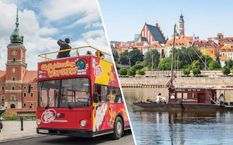 HOHO bus in Warsaw near Royal Castle and traditional Galar cruise on Vistula River.