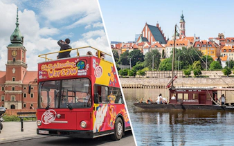 HOHO bus in Warsaw near Royal Castle and traditional Galar cruise on Vistula River.