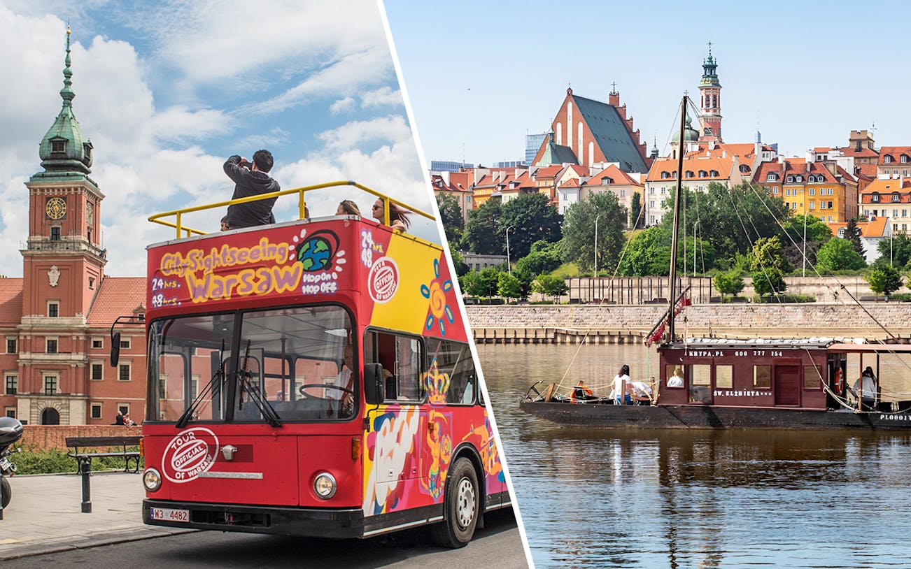 HOHO bus in Warsaw near Royal Castle and traditional Galar cruise on Vistula River.