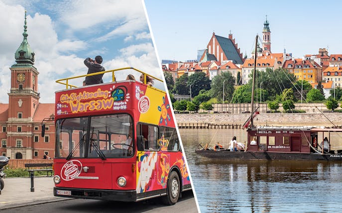 HOHO bus in Warsaw near Royal Castle and traditional Galar cruise on Vistula River.