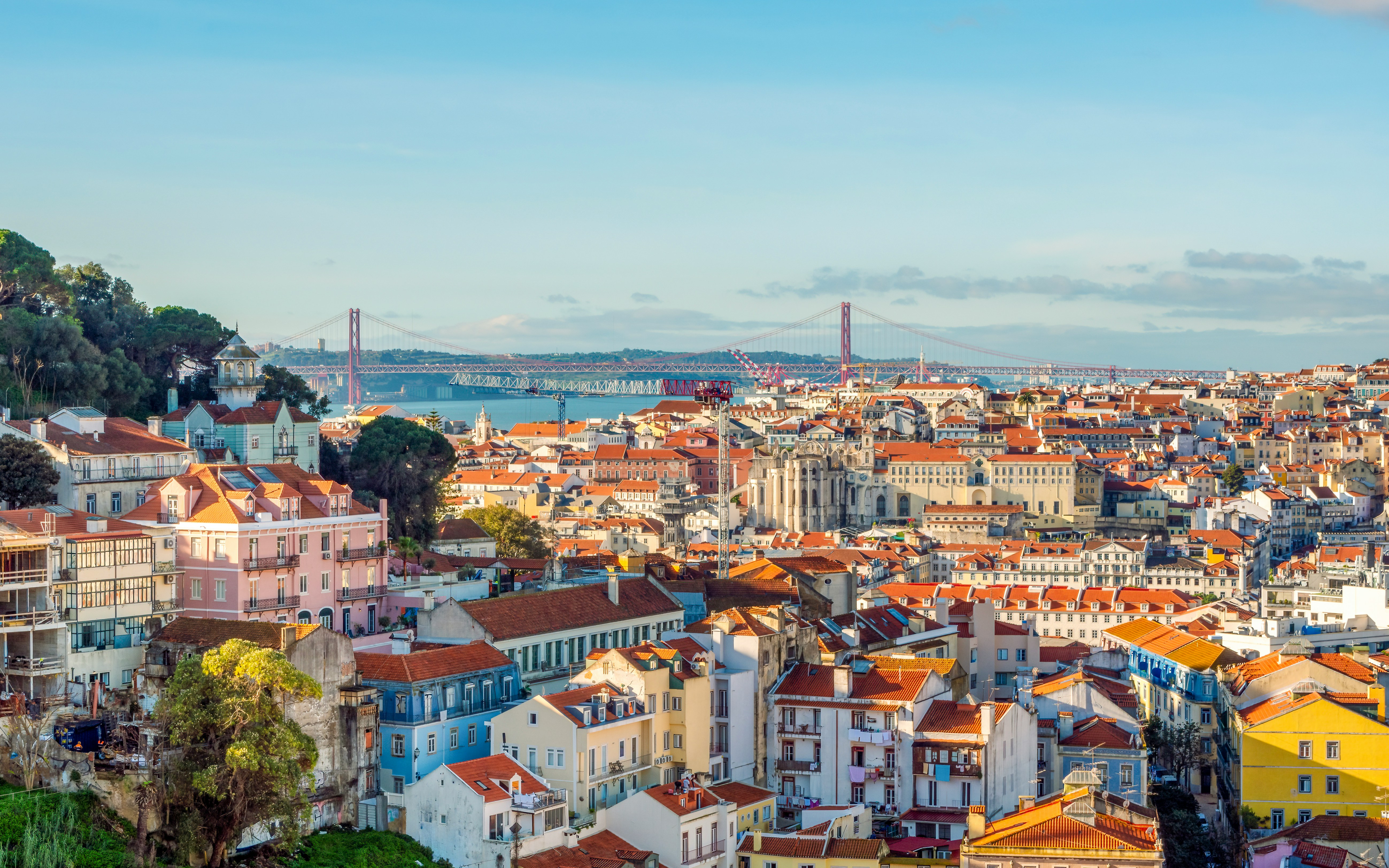 Panoramic view of Lisbon with colorful buildings and 25 de Abril Bridge from Miradouro da Graça.