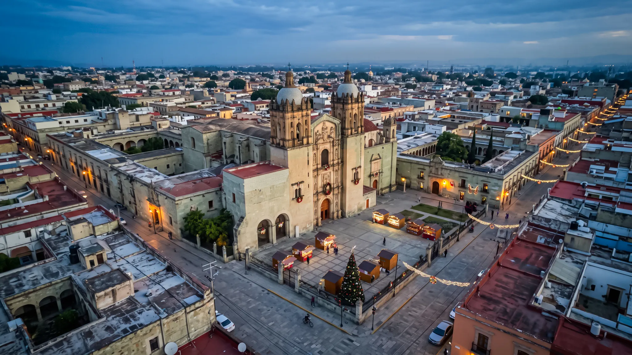 Aerial view of Santo Domingo Church in Oaxaca during Day of the Dead festivities.