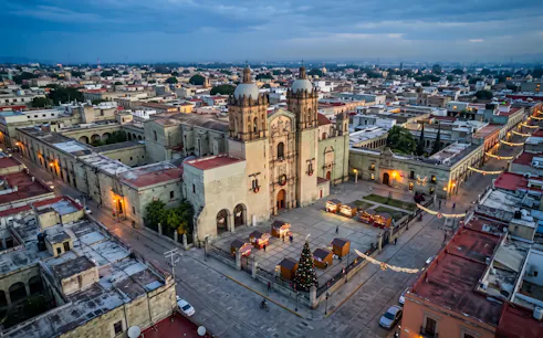 Aerial view of Santo Domingo Church in Oaxaca during Day of the Dead festivities.