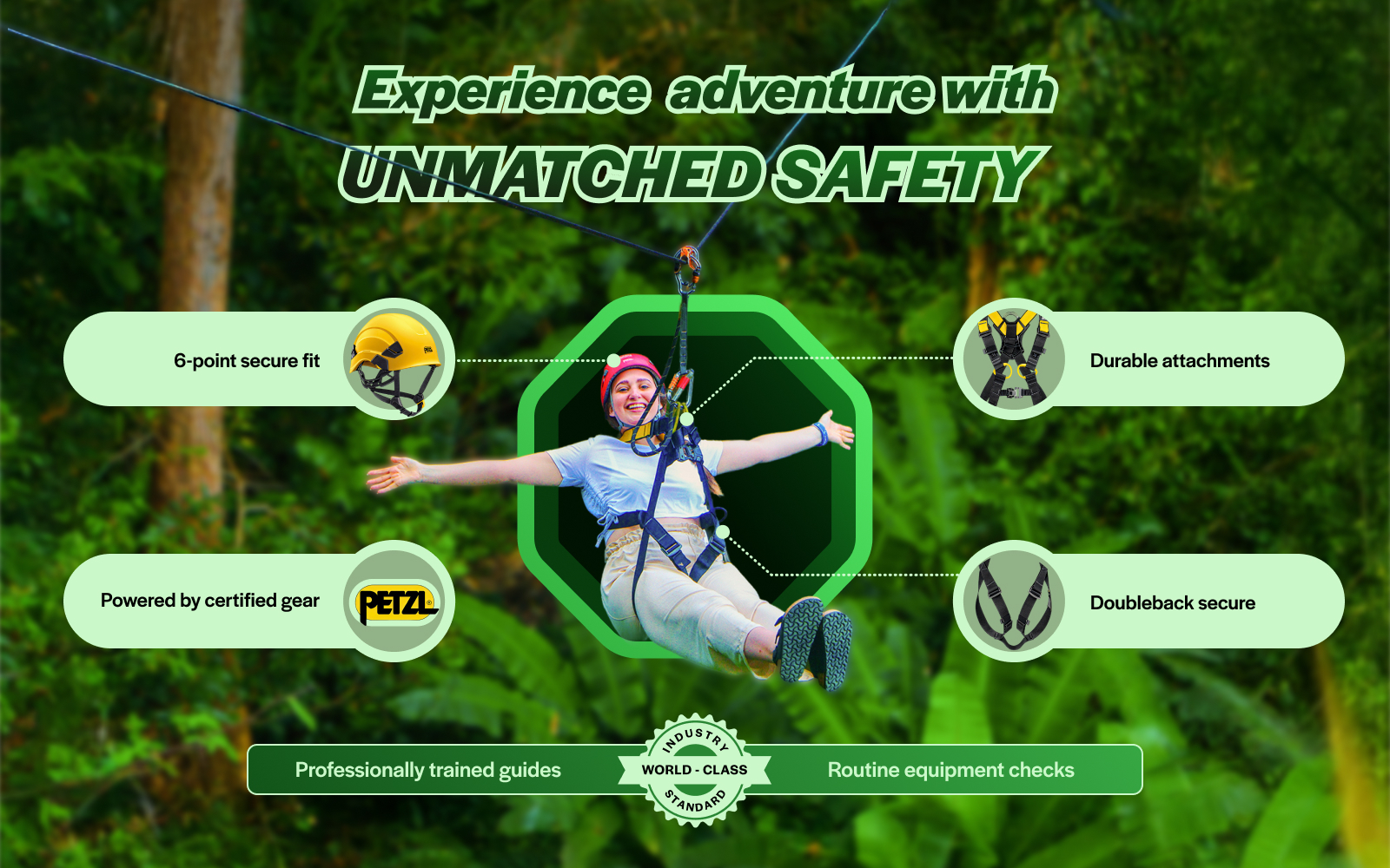 Ziplining at Hanuman World with safety gear and certified equipment.