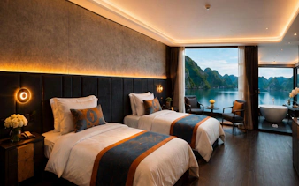 Junior Ocean Suite with twin beds and bay view on Ha Long Bay 6-star luxury cruise.