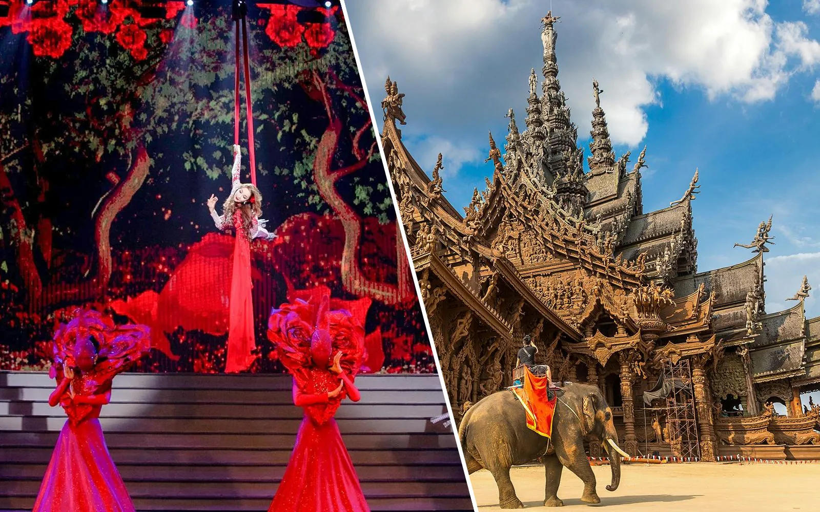 Tiffany's Show performer in red costume; elephant at The Sanctuary of Truth, Pattaya.