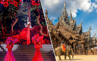 Tiffany's Show performer in red costume; elephant at The Sanctuary of Truth, Pattaya.