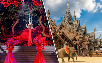 Tiffany's Show performer in red costume; elephant at The Sanctuary of Truth, Pattaya.