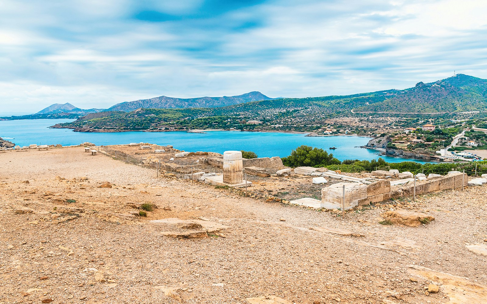 Coastline view of Athenian Riviera from Cape Sounion ruins.